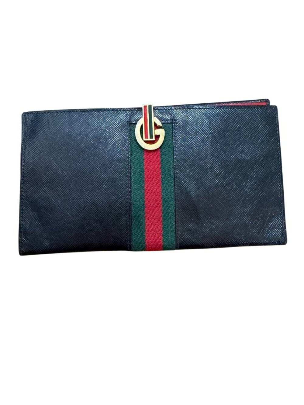 Gucci Vintage  Leather Envelope Clutch With Gold Logo & Red/Green Stripe Accent